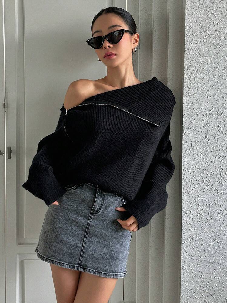 DAZY Women's Solid Color Loose High Collar Zip-Up Long Sleeve Casual Street Knit Cardigan, Autumn/Winter