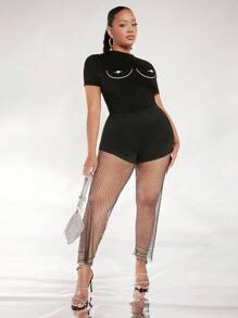 SHEIN SXY Plus Detalhe De Strass Malha Perneiras - Preto - Visão 4