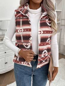 EMERY ROSE Geo Pattern Zip Up Teddy Vest Jacket - Multicolor - View 3