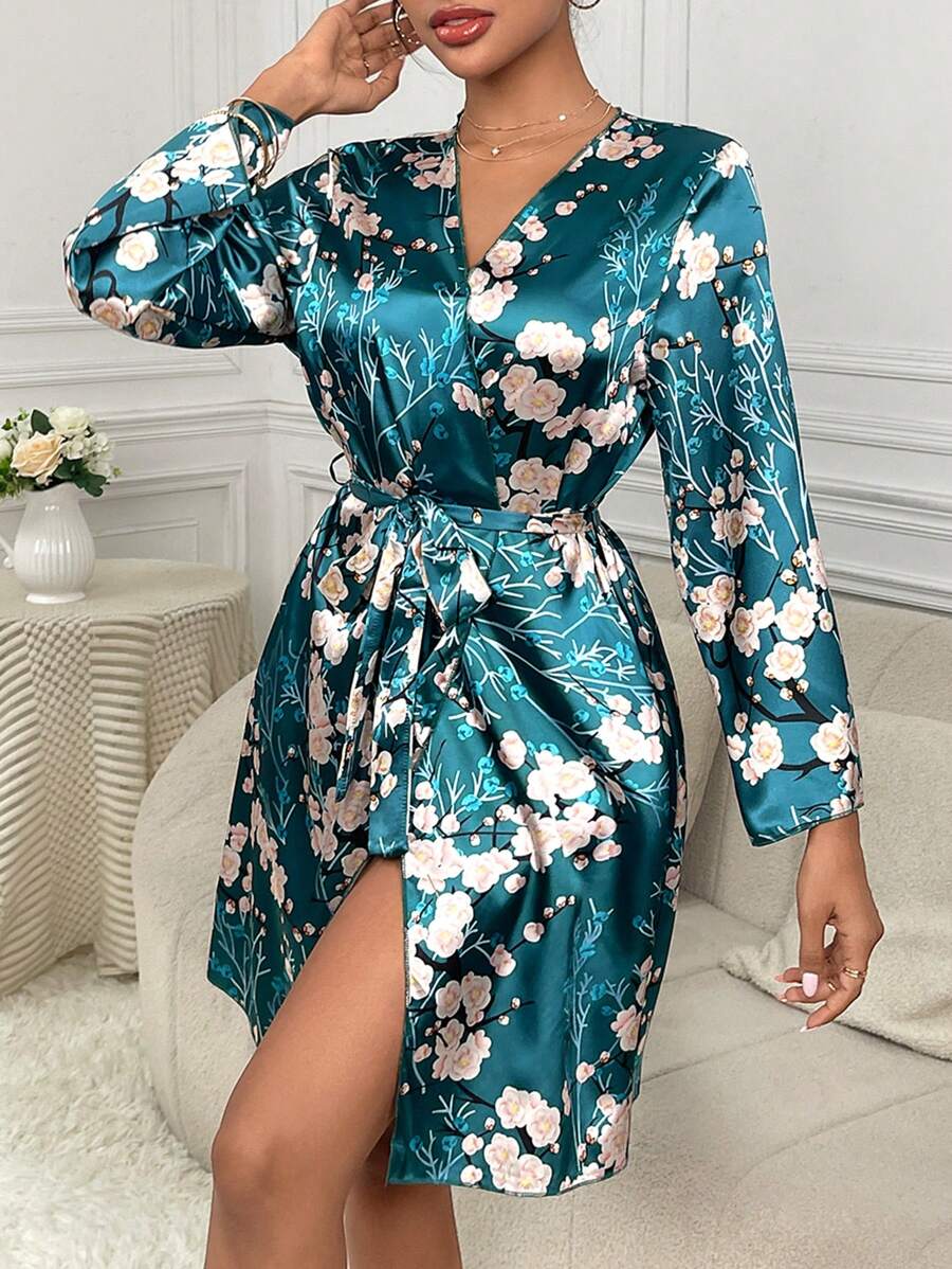 印花腰帶緞面睡袍 - 綠色 - 查看 1