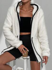 EURMUSE Contrast Binding Drawstring Waist Hooded Teddy Coat - White - View 1