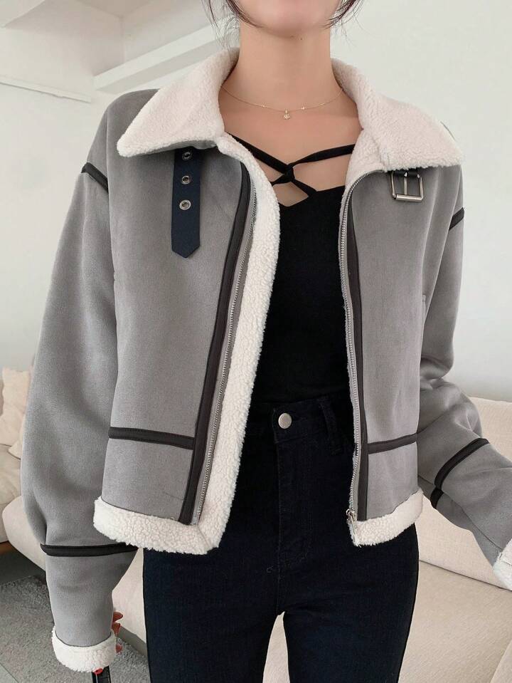 SHEIN EZwear ジッパーアップ ドロップショルダー テディライン フー SHEIN EZwear ジッパーアップ ドロップショルダー テディライン フー