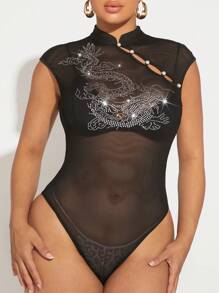 SHEIN SXY Rhinestone Detail Cut Out Mesh Bodysuit Without Lingerie Set - Black - View 3