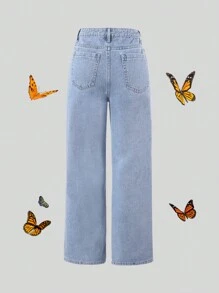 SHEIN ChillGRL Retro Streetwear Relaxed Distressed Teen Girls Blue Denim Wide Leg Jeans, School, Campus, College - Light Wash - View 2