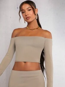 SHEIN BAE Off Shoulder Top Cây trồng & Váy nàng tiên cá - Màu Xám nhạt - Xem 3