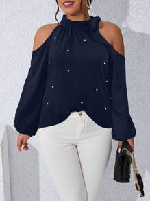 Celure 大碼珍珠串珠挖肩打結細節燈籠袖襯衫 - 藏蓝色 - 查看 1