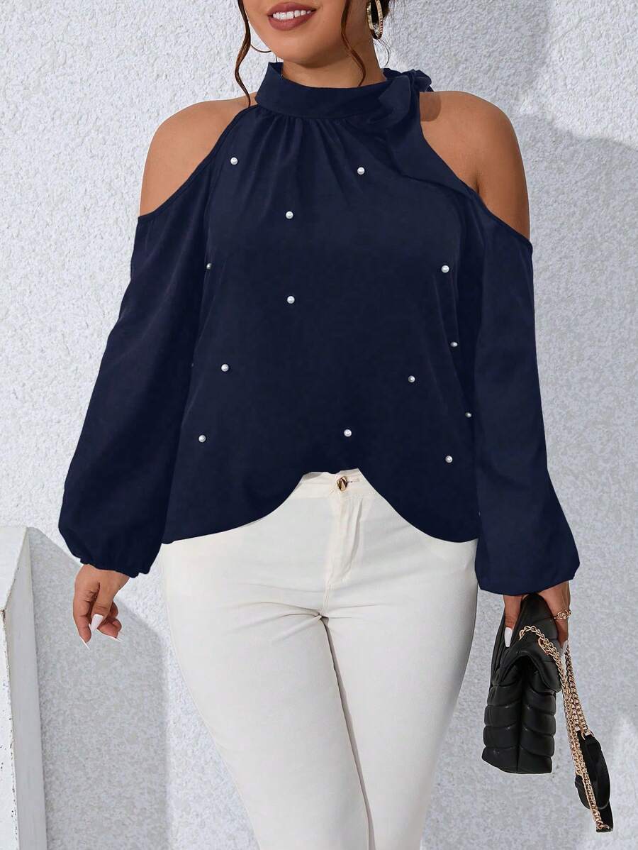 Celure 大碼珍珠串珠挖肩打結細節燈籠袖襯衫 - 藏蓝色 - 查看 1