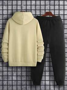 Manfinity Homme 男士字母圖案袋鼠口袋抽繩連帽衫和運動褲 - 卡其色 - 查看 2