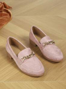 Zapatos Mocasines De Piel Rosa De Moda Para Mujer Con Decoración De Cadena De Metal, Tacón Plano, Estilo Universitario, Otoño - Rosa - Ver 2