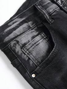 Manfinity LEGND Pantalón Vaquero Slim Fit desgarrado para hombre con estampado de salpicaduras de pintura, jean largo y deshilachado con bolsillos cargo en color negro liso, ideal para fiestas, rock punk y rapero. - Negro - Ver 5