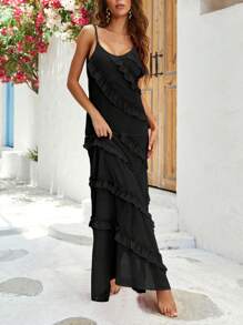 Spring And Summer Women Split Thigh Cami Suspender Dresses - Black - View 3