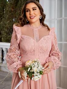 Simplee 大碼蕾絲拼接荷葉邊網紗覆蓋派對禮服 - 淺粉色 - 查看 6