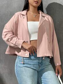 SHEIN EZwear Hơn Túi có nắp Viền kéo ra Tay Raglan Áo khoác - Hồng - Xem 5