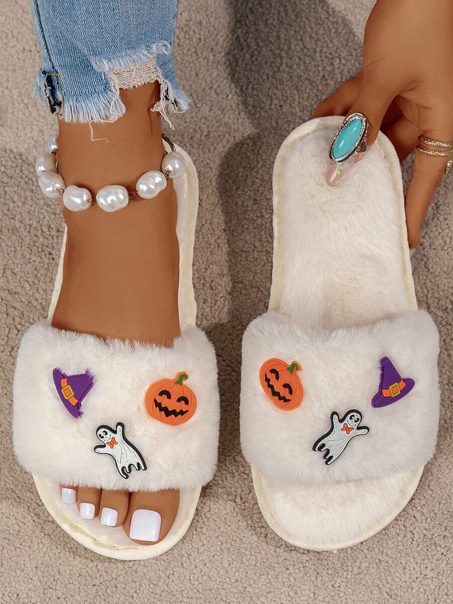 Women's Open Toe Pumpkin Ghost Face House Slippers - Beige - View 1