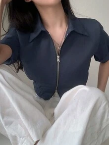 2025 少女夏装女装纯色双拉链短袖休闲衬衫