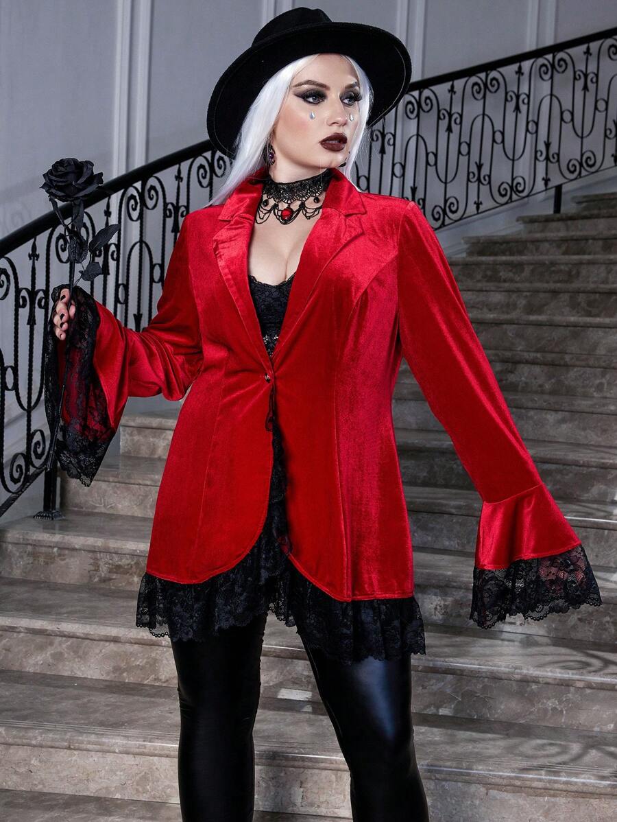 SHEIN Unity 大碼萬聖節蕾絲拼接喇叭袖絲絨西裝外套 - 酒紅色 - 查看 1