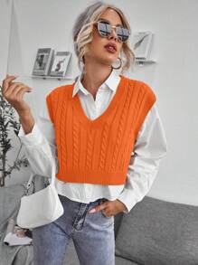 SHEIN LUNE Cable Knit Sweater Vest Without Blouse - Orange - View 1