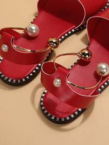 情人节舒适仿珍珠带平底沙滩凉鞋 - 紅色 - 查看 2