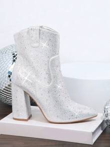 Metallic Faux Leather Zip-Up Block Heel Boots - Silver - View 6