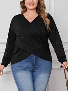 SHEIN LUNE Plus Wrap Cross Tee - Black - View 6
