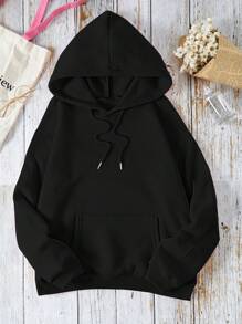 SHEIN EZwear 加大码标语图案袋鼠口袋抽绳保暖卫衣 - 黑色 - 查看 2