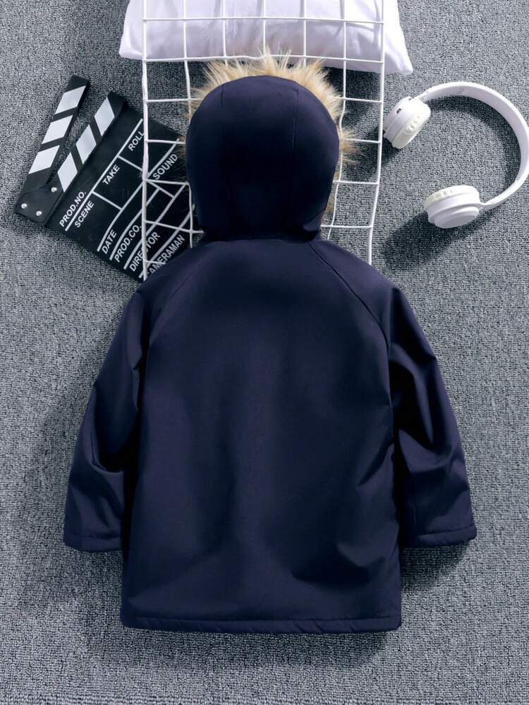 Young Boy Comfortable Casual Plush Coat With Hood & Teddy Bear Decoration, Thermal Lined And Contrast Color Zipper, Suitable For Autumn And Winter