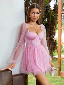 PARTHEA Sweetheart Neck Lantern Sleeve Mesh Overlay Boning Bustier Dress - Pink - View 6