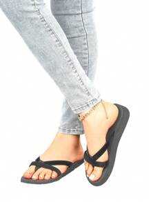 Women Black Minimalist Flip Flops, Striped Fashionable Toe Post Slippers - Black - View 3