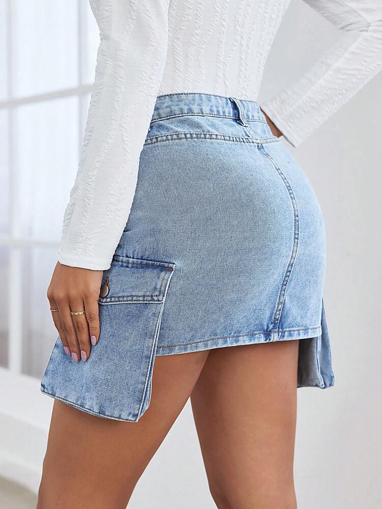 Flap Pocket Side Denim Skirt