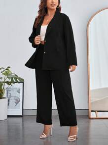 SHEIN Essnce Plus Solid Blazer & Wide Leg Pants - Black - View 1