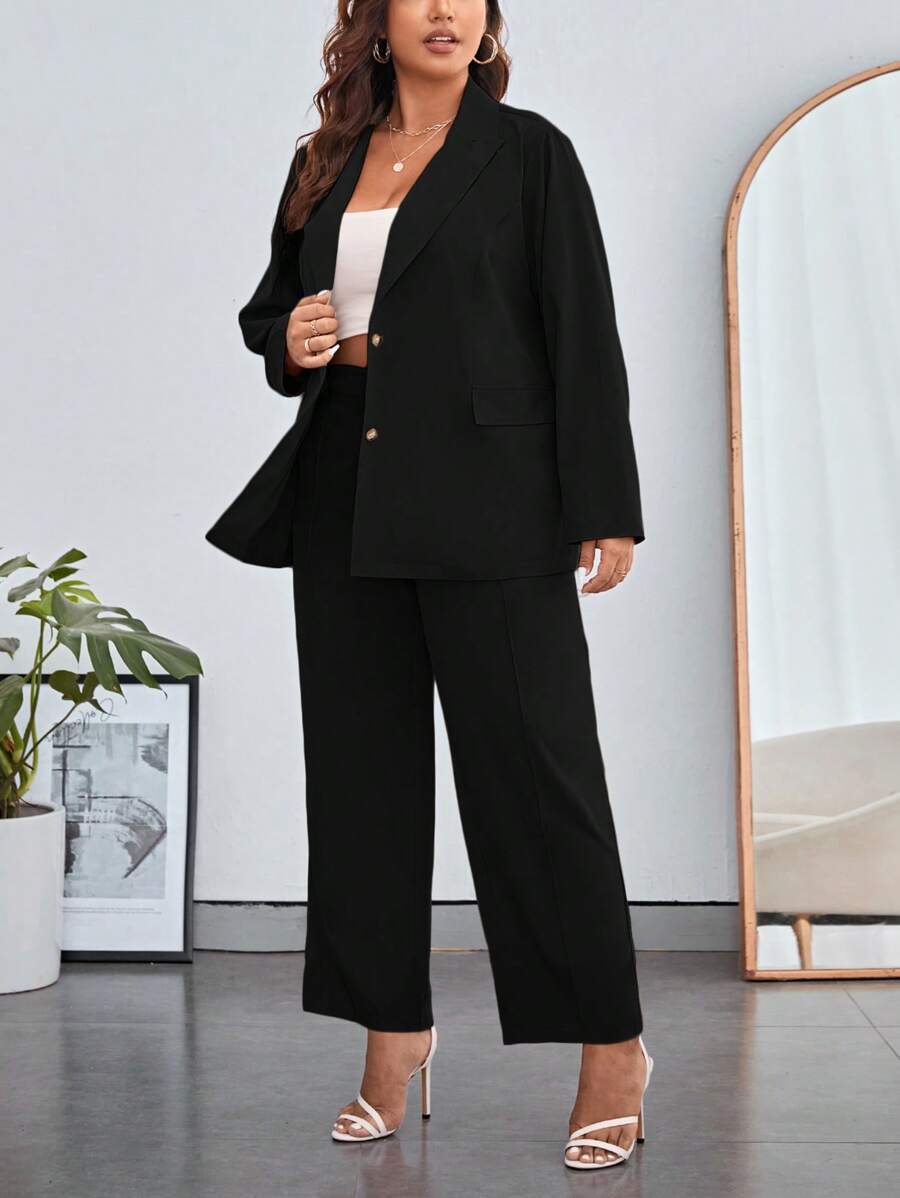 SHEIN Essnce Plus Solid Blazer & Wide Leg Pants - Black - View 1
