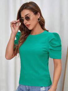 SHEIN Clasi Camiseta unicolor de manga farol - Azul Cadete - Ver 3