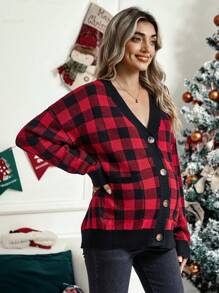 SHEIN Maternity Buffalo Plaid Pattern Drop Shoulder Cardigan, For Winter - Multicolor - View 6
