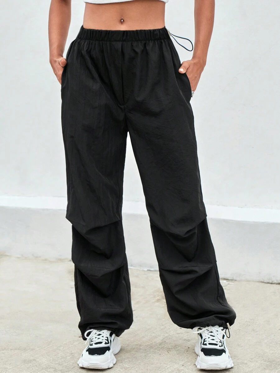 EURMUSE Solid Drawstring Waist Slant Pocket Pants - Black - View 1