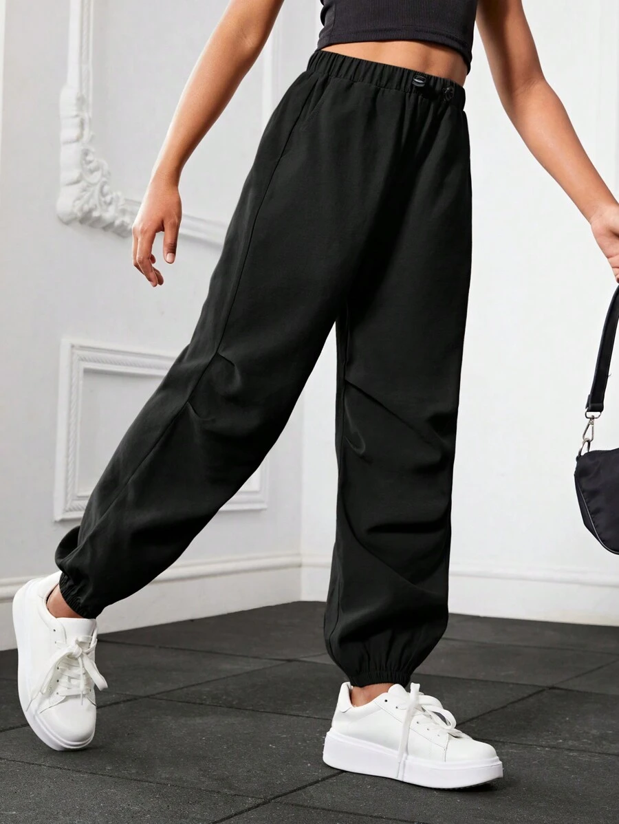 SHEIN Tween Girl Solid Drawstring Waist Pants - Black - View 1