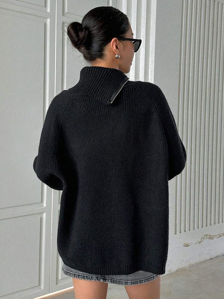 Women's Solid Color Loose High Collar Zip-Up Long Sleeve Casual Street Knit Cardigan, Autumn/Winter