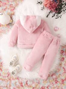 女嬰雙色3D耳朵設計連帽毛絨夾克和褲子 - 粉色 - 查看 2