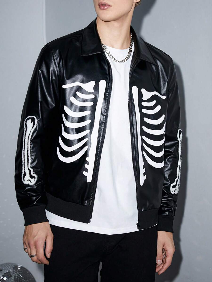 Manfinity RebelGame Áo khoác da PU in hình bộ xương Halloween rộng rãi cho nam có khóa kéo - màu đen - Xem 1