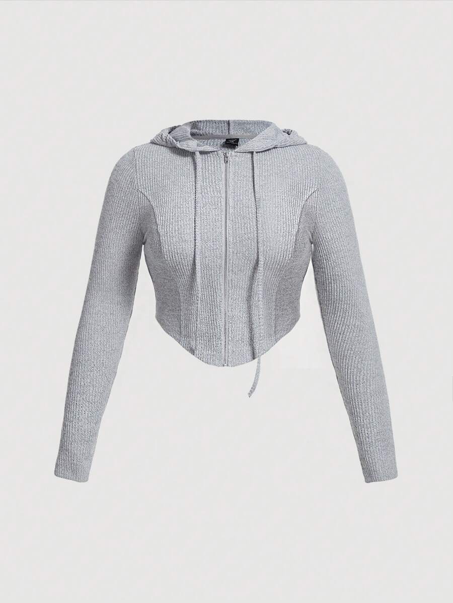 SHEIN MOD 加大码拉链抽绳卫衣 - 淺灰色 - 查看 1