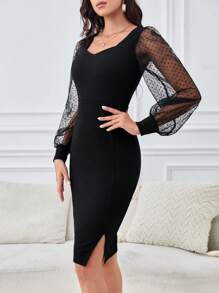SHEIN Tall Contrast Mesh Lantern Sleeve Split Hem Bodycon Dress - Black - View 4