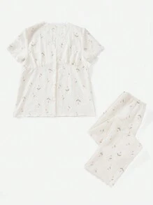 Floral Print Lace Trim PJ Set / Pajama Set White Set - White - View 5