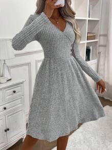 SHEIN Clasi Vestido línea A unicolor con diseño de botón - Gris - Ver 5