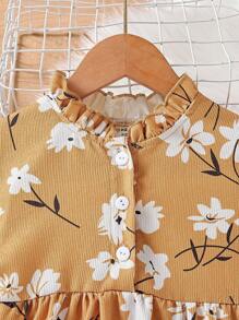 SHEIN Young Girl Floral Print Ruffle Hem Smock Dress - Brown - View 4