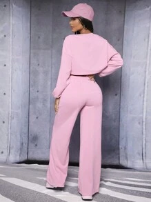 SHEIN PETITE Drop Shoulder Crop Pullover & Drawstring Waist Sweatpants - Baby Pink - View 2