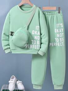 SHEIN Tween Boy Slogan Graphic Pullover & Sweatpants & Bag - Green - View 7