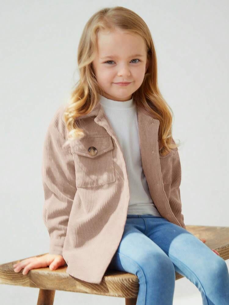 Young Girl Flap Pocket Drop Shoulder Corduroy Coat,In Fall/Winter