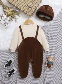 SHEIN Bộ đồ liền thân bằng vải nhung kẻ dệt kim hình gấu dễ thương cho trẻ mới biết đi, dày vừa, hở đáy, độ dày vừa phải - Nhiều màu - Xem 7