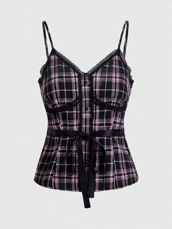 Sweetness Top cami froncé avec nœud à imprimé tartan