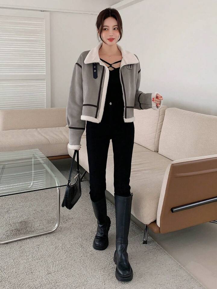 SHEIN EZwear ジッパーアップ ドロップショルダー テディライン フー