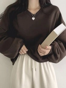 DAZY Áo chui đầu dáng rộng vai trễ vai trơn, áo dài tay, quần áo nữ mùa thu, áo nỉ - Màu nâu Sô-cô-la - Xem 3